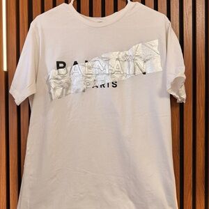 Balmain White Short-Sleeve T-Shirt with Silver Foil Logo